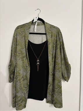 NY Collection Olive Green and White Printed Open Cardigan